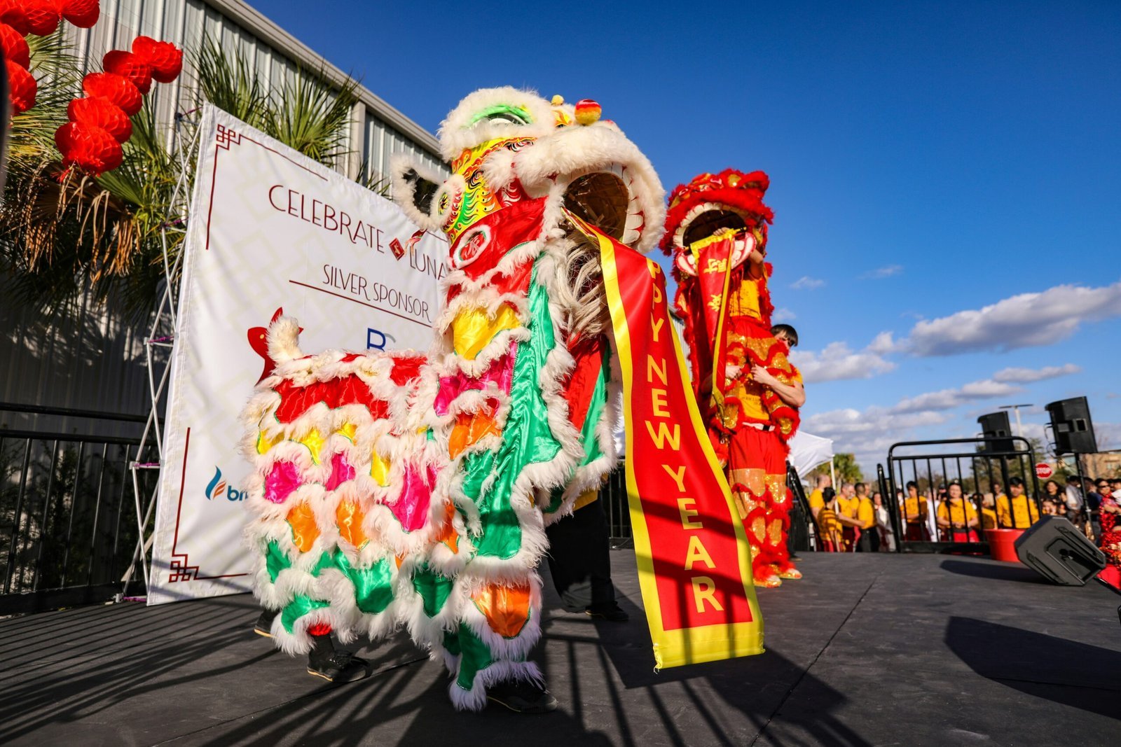 a lion dance is being performed in front of a crowd